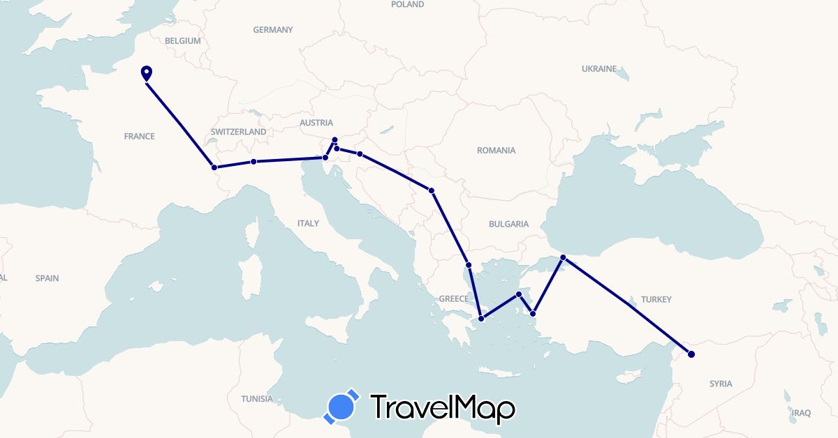 TravelMap itinerary: driving in Austria, France, Greece, Croatia, Italy, Serbia, Slovenia, Syria, Turkey (Asia, Europe)